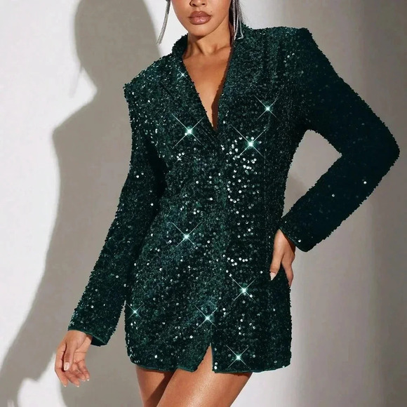 Dark Green Party Women's Stand Collar Sequin Embellished Long Sleeve Blazer - Picture 1 of 6